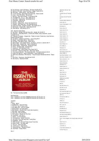 Free Music Center: Search results for surf                                                                                   Page 10 of 58



  06. For Everyone - Klaus Hill Remix - The Aston Shuffle 04:33                        GREATEST HITS OF THE
  07. Better In The Dark - Klaus Hill Remix - Rogue Traders 03:33                      80's (1)
  08. Why Not?! - Joakim Remix - Alter Ego 04:27
  09. 12 Inch Therapy - Bass Kleph's Dirty Ows Mix - Robb G 04:09                      Greatest Hits Of The 80s
  10. Crazy - Klaus Hill Remix - Bitrok 03:07                                          (1)
  11. Rise Up - Jesse Garcia Remix - Dj Disciple 03:58                                 Greatest Hits Of The 90's
  12. The Nighttrain - D.o.n.s., Dbn, Kadoc 03:15
                                                                                       (1)
  13. Dark Beat - Original Mix - Kamisshake 02:22
  14. Impressed - Solee 04:38                                                          Greatest Metal Ballads (1)
  15. Alcoolic - Popof 02:47
                                                                                       Green Day (1)
  16. Bamboo - Original Mix - Rainer Weichhold 03:17
  17. Integral - Dave Spoon Mix - Pet Shop Boys 04:20                                  Grover Washington Jr (1)
  18. Stone Fox Chase - Original Club Mix - Kut & Swel 03:14                           GU Mixed (1)
  19. Multistorey - Original Mix - Koma Bones 03:20
  20. Alloy Mental - Alloy Mental 03:14                                                Guitar Hero (1)
                                                                                       Guitar Hero III (1)
  CD2 - Mixed by Hook'n'Sling:
  01. Get Down - Mowgli's Hip Hop House Mix - Mowgli, Mc Zub 04:15                     Guitar rock (1)
  02. Playmate - Jesse Rose Remix - Armand Van Helden, Roxy Cottontail, Lacole         Guitar Speak (1)
  Campbell 03:30
  03. 3 Minutes To Explain - Original Mix - Fedde Le Grand, Funkerman, Andy Sherman,   Guitar Speak 1 (1)
  Dorothy Sherman 03:51                                                                Guitar Visions (1)
  04. Sex Weed - Laidback Luke Remix - Juice String 09:41
  05. Daddio - Myles Dyson Remix - 30hz 02:54                                          GUNS 'N' ROSES (1)
  06. All Alone - Alex Metric Vocal - Splittr 05:22                                    Guns Box (1)
  07. Better Begin - Alex Gopher Remix - Tocadisco, Lennart A. Salomon 06:17
  08. Plastic Wrap - Original Mix - Hook N Sling 04:33                                 Guns N Roses (1)
  09. System Addict - Original Mix - Plump Dj's 03:00                                  H1ts 2008 (1)
  10. Tetris - Tocadisco Edit - Kid Dub 04:37
  11. Hustle Up - John Dahlback 03:30                                                  Hairspray (1)
  12. Dirty Playroom - Darren Mase, Dirty Flavor 04:15                                 Hans Zimmer (1)
  13. Pull Over - Dabruck & Klein Mix - Noel Sinner 06:00
  14. You're Gonna Miss Me - The Simple Bass Edit - Turntable Orchestra 04:30          Hard Dance Awards The
  15. Leave The Light On - Hook N Sling Remix - Cobra Dukes 05:22                      Album 2008 (1)
  16. With Every Heartbeat, With Kleerup - Tong And Spoon Wonderland Remix - Robyn     Hard Rock Number 1's (1)
  07:15
  17. War Paint - Poxymusic, Gina Mitchell 03:00                                       Hard Rock: Number 1s (1)
  18. Not Exactly - Deadmau5 08:00                                                     Harry Connick Jr. (1)
                                                                                       Hawaii Guitar (1)
                                                                                       Hawaii Romantic
                                                                                       Saxophone (1)
                                                                                       Hayley Sales (1)
                                                                                       Hayley Westenra (1)
                                                                                       Heart (1)
                                                                                       Heart Rock (1)
                                                                                       Hed Kandi (6)
                                                                                       Helloween (1)
                                                                                       HERB ELLIS and RAY
                                                                                       BROWN (1)
                                                                                       Hi Jazz (1)
                                                                                       HIM (2)
                                                                                       Hip Hop Heroes (1)
                                                                                       Hip Hop Luv (2)
                                                                                       Hiroshima (1)
                                                                                       Hit Connection Best of (1)
  VA - The Essential Album [2008]                                                      Hit Connection Best of
                                                                                       2007 (1)
  Download link :-
  http://rapidshare.com/files/108485814/Essential_GG.SG.part1.rar                      Hit Machine 2007 (1)
  http://rapidshare.com/files/108489799/Essential_GG.SG.part2.rar                      Hit Mix (1)

  Tracklist:                                                                           Hitbox (1)
  Disc 1                                                                               Hits Of The 50's (1)
  1. Duffy - Mercy
  2. OneRepublic - Stop And Stare                                                      Hits: Love (1)
  3. The Fray - How To Save A Life                                                     Hitzone (1)
  4. One Night Only - Just For Tonight
  5. David Jordan - Sun Goes Down                                                      HITZONE 40 (1)
  6. Mark Ronson - Stop Me (Feat. Daniel Merriweather)                                 Hitzone 42 (1)
  7. Kate Nash - Merry Happy
  8. Take That - Rule The World                                                        Hot Parade Summer (1)
  9. The Fratellis - Whistle For The Choir                                             Hot Party Spring 2008 (1)
  10. Guillemots - Get Over It
  11. Keane - Is It Any Wonder?                                                        House Session (1)
  12. Stereophonics - Maybe Tomorrow                                                   http://www.blogger.com/img/gl.align.center.gif
  13. Joe Lean & The Jing Jang Jong - Lonely Buoy                                      (1)
  14. Sugababes - Denial
  15. Nelly Furtado - All Good Things (Come To An End.                                 Hype Traxx (1)
  16. Kaiser Chiefs - The Angry Mob                                                    Hyperion (1)
  17. The La's - There She Goes
  18. Jamie Cullum - High And Dry                                                      I love 80's (1)
  19. James Morrison - Wonderful World                                                 I Love Disco Summer (1)
  20. Josh Ritter - Empty Hearts
                                                                                       I'm Not There (1)
  Disc 2




http://freemusiccenter.blogspot.com/search?q=surf                                                                                  28/8/2010
 