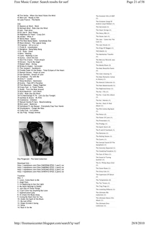 Free Music Center: Search results for surf                                                 Page 21 of 58



  40 Tim Verba - When the Heart Rules the Mind                The Greatest Hits of 2007
  41 Bee-Low - Ready or Not                                   (1)
  42 Luke Francis - The Bomb
                                                              The Greatest Songs Of
  CD2                                                         Andrew Lloyd Webber (1)
  01 Masters at Work - Work                                   The Harrowed (1)
  02 Michael Mind - Ride Like the Wind
  03 Atb - Feel Alive                                         The Heart Strings (1)
  04 DJ Joe K - Born Slippy                                   The Heavy '80s (1)
  05 Nightbass DJ Team - Crazy Girl
  06 Jordan - What if                                         The House Jam (1)
  07 Micha Moor - Space                                       The Jazz - Come Into The
  08 The Real Booty Babes - Somebody Else                     Cool (1)
  09 Rave Allstars - The Logical Song
  10 Crapman - Uh La La La                                    The Jazz Vocals (1)
  11 Frank B - Loveshooter                                    The Kings Of Reggae (1)
  12 Bangbros - Bang Baby Bang
  13 D - Style - Gone                                         THE KNACK (1)
  14 Mira - Waiting                                           The Manhattan Transfer
  15 Cane - Walking A Line
                                                              (1)
  16 Sunics - Chick this Out
  17 Don R & 2 Sonic - Front Attack                           The Mercury Records Jazz
  18 Verano - You're My Angel                                 Story (2)
  19 Robert Mller - Diving
                                                              The Moody Blues (3)
  20 Brisby & Jingles - Surrender
  21 The Jumpers - Sandstorm                                  The Most Beautiful Duets
  22 Freddy Fader Vs the Dukes - Total Eclipse of the Heart   (1)
  23 Ramon Zerano - Virgin of Love
                                                              The most relaxing (1)
  24 San Danielle - Dream of Love
  25 Jumpboyz - Fly with Me                                   The Most Romantic Guitar
  26 Grey T - Louder                                          In History (1)
  27 Warp Brothers - Dominator
  28 Scotty - Take Off 2 Paradise                             The Musical Collection (1)
  29 Tom Mountain - Happy Together                            The New Mastersounds (1)
  30 Crazy Fool - A -Team Theme
  31 Kubik - Turn the Beat Around                             The Nightwatchman (1)
  32 Kurd Maverick - Let's Work                               The No.1 70's (1)
  33 Stfu - Ride Like the Wind
  34 F & Martinengo Ft Tk - Let's Go Out Tonight              The No.1 Club Hits Album
  35 Gambas & Alvaro - Mr.Pink                                (1)
  36 Clubworxx - Children                                     The No.1 Movies (1)
  37 Manuel Varela Ft Sara - Beachclubbing
  38 Kim Leoni - Medicine                                     The No.1 Rock 'N' Roll
  39 Sottobeat Ft Joe Bataan - Everybody Clap Your Hands      Album (1)
  40 Vinylshakerz - Forget Me Nots                            The Phil Collins Big Band
  41 Cuba Club - La Cumbia                                    (1)
  42 Jay Frog - Hungry Animal
                                                              The Police (3)
                                                              The Power Of Love (1)
                                                              The Pretenders (1)
                                                              The Prodigy (1)
                                                              The Quiet Storm (2)
                                                              The R and B Yearbook (1)
                                                              The Ramones (1)
                                                              The Rolling Stones (1)
                                                              The Scenic (1)
                                                              The Sensual Sound Of The
                                                              Saxophone (1)
                                                              The Severely Departed (1)
                                                              The Smashing Pumpkins (1)
                                                              The Soul of Disco (1)
                                                              The Sound of Tuning
  Ella Fitzgerald - The Gold Collection                       Summer (1)

  Download link :-                                            The St. Philips Boys Choir
  http://rapidshare.com/files/24655946/EFGC-1.part1.rar       (1)
  http://rapidshare.com/files/24682862/EFGC-1.part2.rar       The Stone Roses (1)
  http://rapidshare.com/files/24763463/EFGC-2.part1.rar
  http://rapidshare.com/files/24787412/EFGC-2.part2.rar       The Stray Cats (1)
                                                              The Superstars Of Dance
  Tracklist:
                                                              (1)
  Disc: 1
  1. Lover, Come Back to Me                                   The Temptations (2)
  2. Angel Eyes
                                                              The Ten Tenors (1)
  3. I'm Beginning to See the Light
  4. My Heart Belongs to Daddy                                The Ting Tings (1)
  5. Just One of Those Things                                 The traveling Wilburys (1)
  6. I Can't Give You Anything But Love
  7. Sophisticated Lady                                       The Ultimate 90s
  8. I'll Chase the Blues Away                                Collection (1)
  9. Crying My Heart Out for You
                                                              The Ultimate Dance Hits
  10. Under the Spell of the Blues
                                                              Album (1)
  11. My Last Affair
  12. Organ Grinder's Swing                                   The Ultimate Diva
  13. Shine                                                   Collection (1)
  14. Rock It for Me




http://freemusiccenter.blogspot.com/search?q=surf                                             28/8/2010
 