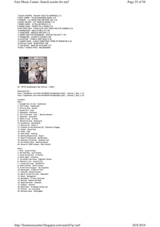 Free Music Center: Search results for surf                                      Page 25 of 58



  3 HELEN SHAPIRO - WALKIN’ BACK TO HAPPINESS 2:31
  4 ROLF HARRIS - TIE ME KANGAROO DOWN 2:42
  5 SEEKERS - I’LL NEVER FIND ANOTHER YOU 2:42
  6 SANDY NELSON - LET THERE BE DRUMS 2:19
  7 BOBBY DARIN - 18 YELLOW ROSES 2:16
  8 SANDIE SHAW - PUPPET ON A STRING 2:21
  9 NAT KING COLE - THOSE LAZY HAZY CRAZY DAYS OF SUMMER 2:24
  10 MARMALADE - OBLA DI OBLA DA 3:00
  11 SEARCHERS - NEEDLES AND PINS 2:12
  12 GERRY AND THE PACEMAKERS - HOW DO YOU DO IT 1:55
  13 TREMELOES - SILENCE IS GOLDEN 3:08
  14 SCAFFOLD - THANK U VERY MUCH 2:30
  15 SANDIE SHAW - ALWAYS SOMETHING THERE TO REMIND ME 2:42
  16 PETULA CLARK - DOWNTOWN 3:08
  17 JOE DOLAN - MAKE ME AN ISLAND 2:57
  18 INEZ / CHARLIE FOXX - MOCKINGBIRD




  VA - MTV2 Headbangers Ball Volume 1 (2003)

  Download link :-
  http://rapidshare.com/files/64198452/Headbangers_Ball_-_Volume_I_Disc_1.rar
  http://rapidshare.com/files/64205059/Headbangers_Ball_-_Volume_I_Disc_2.rar

  Tracklist:
  Disk 1
  1. Straight Out of Line - Godsmack
  2. This Is Now - Hatebreed
  3. Price to Play - Staind
  4. Stupid Girl - Cold
  5. Hexagram - Deftones
  6. This Is the New ~love~ - Marilyn Manson
  7. Separate - Sevendust
  8. When It Cuts - Ill Nino
  9. World's So Cold - Mudvayne
  10. Smothered - Spineshank
  11. Destroy All - Static-X
  12. Fixation on the Darkness [#] - Killswitch Engage
  13. Inhale - Stone Sour
  14. Pride - SOiL
  15. Safe Home - Anthrax
  16. Raining Blood [Live] - Slayer
  17. Dead in Hollywood - Murderdolls
  18. Destroyer of Senses - Shadows Fall
  19. Sun Doesn't Rise - Mushroomhead
  20. House of 1000 Corpses - Rob Zombie

  Disk 2
  1. Ruin - Lamb of God
  2. We Will Rise - Arch Enemy
  3. Cloud Connected - In Flames
  4. Down Again - Chimaira
  5. You Broke Like Glass - Eighteen Visions
  6. Heaven's a Lie - Lacuna Coil
  7. I Could Care Less - DevilDriver
  8. Sworn Enemy - Sworn Enemy
  9. At the End of August - 36 Crazyfists
  10. Mannequin - Cradle of Filth
  11. Infected - Demon Hunter
  12. March of the Fire Ants - Mastodon
  13. Down - Motograter
  14. Mandibles - E-Town Concrete
  15. Botchla - Poison the Well
  16. Rejection Role - Soilwork
  17. Endless - Unearth
  18. Relentless - Strapping Young Lad
  19. Forever - As I Lay Dying
  20. Rational Gaze - Meshuggah




http://freemusiccenter.blogspot.com/search?q=surf                                  28/8/2010
 