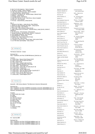 Free Music Center: Search results for surf                                                                               Page 4 of 58



  8. Don't Cry for Me Argentina - Sharon Campbell                                    Beautiful Irma Glamour        Al-Kindî Ensemble -
  9. Tell Me on a Sunday - Sharon Campbell                                           Romantic Melodies (1)            Arab Classical Music
  10. Take That Look Off Your Face - Sharon Campbell
  11. Unexpected Song - Meredith Braun                                               Beautiful Voices (1)          McFly - Radio Active
  12. Macavity: The Mystery Cat - Michele Hooper, Deborah Steel                      Bee Gees (4)                    (2008)
  13. Memory - Lesley Garrett
  14. Starlight Express - Keith Burns                                                Benny Goodman (1)             VA - Hed Kandi Disco
  15. Next Time You Fall in Love - Keith Burns, Sharon Campbell                      Benzino (1)                     Heaven (2008)
  16. Only You - Chris Corcoran
                                                                                     Best Audiophile Voices (4)    Rihanna - The Singles
  17. Pie Jesu - Samuel Burkey, Lesley Garrett
                                                                                                                      Collection (2007)
                                                                                     Best Ballad Duets (1)
  Disc: 2                                                                                                          Dragonforce - Ultra
  1. Phantom of the Opera - Lesley Garrett, Dave Willetts                            Best Ballads Millenium (1)
                                                                                                                     Beatdown Promo
  2. Wishing You Were Somehow Here Again - Lesley Garrett                            Best Dance 2007 (1)             (2008)
  3. Music of the Night - Dave Willetts
  4. Think of Me - Chris Corcoran, Lesley Garrett                                    Best Lounge Collection (1)
                                                                                                                   Young Dro & DJ Scream
  5. Angel of Music/Point of No Return - Meredith Braun, Lesley Garrett, Andrew C.   Best Movie Hits (2)             - I Am Legend (2008)
  Wadsworth
  6. All I Ask of You - Chris Corcoran, Lesley Garrett                               Best of Black (2)             Pussycat Dolls -- When I
  7. Seeing Is Believing - Meredith Braun, Andrew C. Wadsworth                       Best of Black Summer            Grow Up Remixes
  8. Love Changes Everything - Chris Corcoran                                        Party (1)                       (2008)
  9. Sunset Boulevard - Gerard Casey
                                                                                     Best of Dance (1)             VA - Persona 4 Original
  10. Perfect Year - Mary Carewe, Gerard Casey
  11. With One Look - Mary Carewe                                                                                    Soundtrack OST
                                                                                     Best Of Disco (1)
  12. Too Much in Love to Care - Gerard Casey, Anita Louise Combe                                                    (2008)
  13. As If We Never Said Goodbye - Mary Carewe                                      Best Of Driving Rock (1)
                                                                                                                   The Ultimate Deep Mix
                                                                                     Best Of Jazz Fever (2)          (2008)
                                                                                     Best Of Original Oldies (1)
                                                                                                                   T-Pain Ft Lil Wayne-
                                                                                     Best Of Smooth Jazz (2)          Cant Believe It-
                                                                                     Best of Soul R and B (1)         (Promo CDS) 20...
        TubeImage.com
                                                                                     Best Oldies (1)               The Chemical Brothers
                                                                                                                     - Brotherhood
  The Musical Collection - Grease                                                    Best Oldies Selections (1)
                                                                                                                     (Advance) (200...
                                                                                     Beyonce (3)
  Download link :-                                                                                                 Jane Monheit - Taking a
  http://rapidshare.com/files/125180198/Musical_Collection.rar                       Big Summer Tunes (1)            Chance on Love
                                                                                     Biggest And Best Ballads        (2008)
  Tracklist:                                                                         (1)
  01. Jacobs Casey - Beauty School Dropout 04:01                                                                   The Friday Night Boys -
  02. Casey Jacobs - Born to Hand Jive 04:45                                         Billboard Hottest Hot 100       The Sketch Process
  03. Gibb - Grease 03:20                                                            Chart (1)                       EP (200...
  04. Jacobs Casey - Greased Lightning 03:26                                         Billboard Top 100 (2)         Dr. L. Subramaniam &
  05. Farrar - Hopelessly Devoted to You 03:08
  06. Leiber Stoller - Hound Dog 02:18                                               Billy Joel (4)                   Grappelli -
  07. Jacobs Casey - Look at Me, I'm Sandra Dee 01:38                                                                 Conversations
                                                                                     Billy Ray Cyrus (1)
  08. St Louis Simon - Sandy 02:35                                                                                 Tony Hanna - My village
  09. Jacobs Casey - Summer Nights 03:53                                             Björk (1)
                                                                                                                     lost between
  10. Jacobs Casey - There Are Worse Things I Could Do 02:17                         Black Box (1)                   Belgrade and ...
  11. Jacobs Casey - We Go Together 02:33
  12. Farrar - You're the One that I Want 02:28                                      Black Sabbath (7)             People who never fail
  13. Jacobs Casey - Grease Megamix 04:47                                            Black Summer (1)                to enrage me

                                                                                     Blackmore's Night (3)         Full Albums #1052 -
                                                                                     Bloc Party (1)                   Cher, Tatu,
                                                                                                                      Motorhead,
                                                                                     Blockbuster Movie Themes
        TubeImage.com                                                                                                 Within ...
                                                                                     (1)
                                                                                                                   Sabah Fakhri - Au Palais
                                                                                     Blockhead (1)
  Aerosmith - 20th Century Masters: The Millennium Collection (Remastered)                                           Des Congres
                                                                                     Blondie (1)
  Download link :-                                                                                                 Nadaka - The Lotus Of
                                                                                     Blu Mar Ten (2)                 The Quiet Mind
  http://rapidshare.com/files/121059703/warezdonkey_Aerosmith_20thCMTMCR.part1.rar
  http://rapidshare.com/files/121061532/warezdonkey_Aerosmith_20thCMTMCR.part2.rar   Blue (2)
                                                                                                                   V.A. - Nightmusic Vol.3
  Password: warezdonkey.com
                                                                                     Blue Instrumentalists (1)        (2008)
  Tracklist:                                                                         Blue Mambo (1)                Hilary Duff - All access
  01. Dude (Looks Like A Lady)                                                                                        (2008) Hilary Duff -
                                                                                     Blue Note Trip (1)
  02. Angel                                                                                                           All ...
  03. Rag Doll                                                                       Blue Note's Best (1)
  04. Love In An Elevator                                                                                          Trapt - Only Through
                                                                                     Blue Rodeo (1)
  05. Janie's Got A Gun                                                                                               the Pain (2008)
  06. What It Takes                                                                  Blue Sky Black Death (1)
  07. The Other Side                                                                                               The Clipse Present Re-
                                                                                     Bluenote (1)                    Up Gang - Re-Up
  08. Livin' On The Edge
  09. Cryin'                                                                         Blues Guitar Duels (1)          Gang (2008)
  10. Crazy                                                                          Blues Guitar women (1)        Basshunter - Now Youre
  11. Deuces Are Wild
                                                                                     BO.DA (1)                       Gone (2008)
  12. Amazing
                                                                                     Bob Baldwin (1)               Now That’s What I Call
                                                                                                                     Music! 70 (2008
                                                                                     Bob Dylan (1)
                                                                                                                   Karunesh - Heart
                                                                                     Bob James (6)
        TubeImage.com                                                                                                Chakra Meditation
                                                                                     Bob Marley (2)
                                                                                                                   Nappy Roots - The
                                                                                     Bob Marley and The
  VA - Insomnia 2008                                                                                                 Humdinger (2008)
                                                                                     Wailers (2)
                                                                                                                   Kenny G - Rhythm and
  Download link :-                                                                   Bob Sinclar (1)
  http://rapidshare.com/files/125375184/VAI08dom.part1.rar                                                           Romance (2008)
                                                                                     Bobby Valentino (1)
  http://rapidshare.com/files/125390808/VAI08dom.part2.rar
  http://rapidshare.com/files/125397499/VAI08dom.part3.rar                           Bobby Womack (1)




http://freemusiccenter.blogspot.com/search?q=surf                                                                             28/8/2010
 