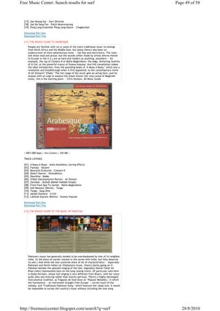 Free Music Center: Search results for surf                                                  Page 49 of 58



  [17]. Sao Noong San - Sorn Shinchai
  [18]. Sao Na Sang Fan - Paijit Aksornnarong
  [19]. Pong Lang Ensemble 'Pong Lang Dance' - Chagkachan

  Download Part One
  Download Part Two

  [11].THE ROUGH GUIDE TO ARABESQUE
     People are familiar with rai or some of the more traditional music to emerge
     from North Africa and the Middle East, but lately there's also been an
     undercurrent of more adventurous music -- hip-hop and electronica. The roots
     still shout loud and proud, but the sounds (often made by artists who've moved
     to Europe or the U.S.) are as hard and modern as anything, anywhere -- for
     example, the rap of Clotaire K or Mafia Maghrebine, the edgy, skittering rhythms
     of U-Cef, or the powerful trance of Gnawa Impulse. And this compilation makes
     the ideal introduction, from the pounding beats of "A Muey A Muey," which was a
     revelation and breakthrough when it first appeared, to the contemporary remix
     of Ali Slimani's "S'Habi." The full range of the music gets an airing here, and for
     anyone with an urge to explore the lesser-known (for now) areas of Maghrebi
     music, this is the starting point. ~ Chris Nickson, All Music Guide




  | MP3 VBR kbps | Incl.Covers | 105 MB |

  TRACK LISTINGS

  [01]. A Muey A Muey - Aisha Kandisha's Jarring Effects
  [02]. Fantasy - Oojami
  [03]. Beyrouth Ecoeuree - Clotaire K
  [04]. Desert Dancer - Nickodemus
  [05]. Dourbiha - MoMo
  [06]. S'Habi (Stereomovers Remix) - Ali Slimani
  [07]. Zanzibar - DuOuD (Mehdi Haddab-Smadj)
  [08]. Frere Faut Que Tu Saches - Mafia Maghrebine
  [09]. Sidi Mansour (Remix) - Tango
  [10]. Tango - Soap Kills
  [11]. Aalash Kwawna - U-Cef
  [12]. Lahillah Express (Remix) - Gnawa Impulse

  Download Part One
  Download Part Two

  [12].THE ROUGH GUIDE TO THE MUSIC OF PAKISTAN




     Pakistan's music has generally tended to be overshadowed by that of its neighbor
     India. (It did share an earlier volume in this series with India, but fully deserves
     its own.) And while the two countries share of lot of characteristics -- especially
     Pakistani and North Indian (or Hindustani) music, there's plenty going on in
     Pakistan besides the qawwali singing of the late, legendary Nusrat Fateh Ali
     Khan (who's represented here on the long closing track). Of particular note here
     is Abida Parveen, whose Sufi singing is very different from Khan's, with her voice
     quite jolly and enticing rather than overtly spiritual. There's a highly developed
     instrumental tradition, as Tsiganes de Sind show on "Popular Melodies," in which
     the harmonium -- an instrument brought from Europe -- carries much of the
     melody, and "Traditional Pashtoun Song," which features the rabab lute. It would
     be impossible to survey the country's music without including the love song




http://freemusiccenter.blogspot.com/search?q=surf                                              28/8/2010
 