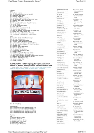 Free Music Center: Search results for surf                                                                                         Page 5 of 58



                                                                                               Body and Soul Funky Love      Blues Traveler - North
  Tracklist:                                                                                   (1)                              Hollywood Shootout
  CD 1:
                                                                                               Bombay Beats (1)                 (Advance...
  01.- Faithless - Insomnia
  02.- The Chemical Brothers - Hey Boy Hey Girl                                                Bon Jovi (4)                  VA, Baroque Concertos
  03.- Underworld - Born Slippy                                                                                                for Mandloin, Lute &
  04.- Leftfield - Phat Planet                                                                 Boney M (1)
                                                                                                                               Guitar
  05.- Fatboy Slim - Right Here Right Now                                                      Bonnie Tyler (1)
  06.- LCD Soundsystem - Daft Punk Is Playing In My House                                                                    Ravi Shankar - At the
  07.- Basement Jaxx - Wheres Your Head At                                                     BONO (1)
                                                                                                                               Monterey
  08.- Moby - Go                                                                               Boom 2007 (1)                   International Pop
  09.- The Future Sound Of London -Papua New Guinea                                                                            F...
  10.- Orbital - Chime                                                                         Booom 2007 (1)
  11.- The Orb - Little Fluffy Clouds                                                          BOOOM 2008 (2)                Jan Garbarek/Ustad Ali
  12.- Mylo - In My Arms                                                                                                       Khan & Musicians
  13.- Calvin Harris - Acceptable In The 80s                                                   Bossa Nova - The
                                                                                                                               from Pakis...
  14.- Groove Armada - Superstylin                                                             Smoothest Tunes For The
  15.- Bomb The Bass feat. JustinWarfield - Bug Powder Dust                                    Coolest People (1)            Ravi shankar - The
  16.- Hard Fi - Hard To Beat (Axwell Mix)                                                                                     Sounds of India
                                                                                               Bossa Nova Nights (1)
  17.- The Stone Roses vs. Grooverider - Fools Gold
                                                                                                                             Full Albums #1051 -
  18.- Primal Scream - Loaded (Andrew Weatherall Mix)                                          Boys From County
                                                                                               Nashville (1)                    Kelly Clarkson, Metal
  CD 2:                                                                                                                         Church, ...
                                                                                               Brand X (1)
  01.- Daft Punk - Harder Better Faster Stronger                                                                             Lena Chamamyan -
  02.- Hot Chip - Over And Over                                                                Bravo Black Hits (1)
                                                                                                                               Shamat 2007
  03.- New Order - Bizarre Love Triangle                                                       Bravo Hip Hop Special
  04.- Justice vs. Simian - We Are Your Friends                                                                              Metal Church - This
                                                                                               History (1)
  05.- Audio Bulls feat. Nancy Sinatra - Shot You Down                                                                         Present Wasteland
  06.- CSS - Lets Make Love And Listen To Death From Above                                     Bravo Hits (6)                  (2008)
  07.- Royksopp - Eple
                                                                                               Bravo The Hits (1)            Scelerata - Skeletons
  08.- Goldfrapp - Ride A White Horse
  09.- 808 State - Pacific State                                                               Britney Spears (2)               Domination (2008)
  10.- The Beloved - The Sun Rising
                                                                                               Brits Hits (2)                Totalselfhatred -
  11.- X-Press 2 feat. David Byrne - Lazy
  12.- Kosheen - Hide U                                                                        Bruce Hornsby (1)               Totalselfhatred
  13.- Mark Ronson - Stop Me (Dirty South Remix)                                                                               (2008)
                                                                                               Bruce Springsteen (5)
  14.- Roni Size and Reprazent - Brown Paper Bag                                                                             Panic Lift - Witness To
  15.- Manic Street Preachers - La Tristesse Durera (Scream To A Sigh)                         Bryan Adams (1)
                                                                                                                               Our Collapse (2008)
  16.- Kasabian - Me Plus One (Jacques Lu Cont Mix)                                            Buddha Bar X (1)
  17.- Ian Brown - F.E.A.R (Unkle Mix)                                                                                       Maria del Mar Bonet -
  18.- Adamski and Seal - Killer                                                               Buddha Chillout                 Amic, amat -
  19.- Prodigy - Firestarter                                                                   Experience (1)                  Barcelona Live
                                                                                               Buddha Grooves (1)
                                                                                                                             Toxic Holocaust - An
  Full Albums #955 - 101 Driving Songs, Now Spring and Summer,                                 Buddha Lounge (2)               Overdose of Death
  Hitzone 45, Rihanna, Ministry of Sound, The Essential Album 2008                             Buena Vista Social Club (3)     (2008)
     Monday, April 21, 2008  Categories: 1 SKY BLUE, 101 Driving Songs, Hitzone, Ministry of                                 Ensemble Aromates -
                                                                                               Bullet for My Valentine (3)
  Sound, Now Spring and Summer, Rihanna, The Essential Album     0 comments
                                                                                                                               Jardin de Myrtes
                                                                                               Burning Hearts (1)
                                                                                                                             Full Albums #1050 -
                                                                                               Cachao (1)
                                                                                                                                4UsOnly Summer
                                                                                               Cafe Arabica (1)                 Hits 2008, Brav...
                                                                                               Cafe Buddha (1)               Sufi Soul - The Mystic
                                                                                               Cafe Copacabana (1)              Music Of The Islam
                                                                                                                                "Documen...
                                                                                               Cafe De Paris Saint Tropez
                                                                                               (1)                           Sabah Fakhri - Au
                                                                                               Cafe De Pera (1)                Theatre Des
                                                                                                                               Amandiers
                                                                                               Cafe Del Mar (2)
                                                                                                                             The Lyrical Tradition of
                                                                                               Cafe Latte (1)
                                                                                                                               Dhrupad 6
                                                                                               Cafe Lounge (3)
                                                                                                                             VA - Pure Ibiza -
                                                                                               Cafe Lounge Cigarette (1)       Compiled By Phil
                                                                                               Cafe Lounge Royal (1)           Mison (2008)

                                                                                               Cafe R and B (1)              Housexy Ibiza (Mixed By
                                                                                               Cafe Solaire (1)                Richard Murray)
                                                                                                                               (2008)
                                                                                               Cafe Van Houtte Chill Out
                                                                                               (1)                           Dance Party Remix
                                                                                                                               (2008)
                                                                                               Capital Gold Rock Legends
                                                                                               (1)                           VA - iDrop Vol.2 (2008)

                                                                                               Caribe (1)                    Motorhead - Motorizer
  VA - 101 Driving Songs
                                                                                               Carlos Santana (2)              (Promo) 2008
  Download link :-                                                                                                           VA - House Is Love
                                                                                               Carly Simon (3)
  http://rapidshare.com/files/108400045/101DS_1.rar                                                                            Vol.2 2CD (2008)
  http://rapidshare.com/files/108404109/101DS_2.rar                                            Carrie Underwood (1)
  http://rapidshare.com/files/108408046/101DS_3.rar                                                                          Madvillain - Madvillainy
                                                                                               Casino Royale Lounge (1)
  http://rapidshare.com/files/108412601/101DS_4.rar                                                                            2: The Madlib Remix
  http://rapidshare.com/files/108417085/101DS_5.rar                                            Casiopea (1)                    (2008...
                                                                                               Celebrating the Music of      Hans Zimmer & James
  Tracklist:
                                                                                               Earth Wind and Fire (1)         Newton Howard -
  Disc 1
  1. Don't Stop Me Now - Queen                                                                 Celin Dion (1)                  The Dark Knigh...
  2. Rockstar - Nickelback
                                                                                               Celine Dion (3)               George Carlin - It’s Bad
  3. Gimme All Your Lovin' - ZZ Top
  4. I Drove All Night - Roy Orbison                                                           Chaka Kahn (1)                  For Ya (2008)
  5. Road To Hell - Chris Rea
                                                                                               Charlie Parker (1)
  6. Here I Go Again - Whitesnake




http://freemusiccenter.blogspot.com/search?q=surf                                                                                      28/8/2010
 