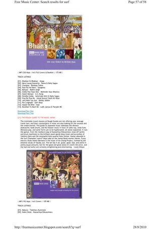 Free Music Center: Search results for surf                                               Page 57 of 58




  | MP3 320 kbps | Incl.Full Covers & Booklet | 175 MB |

  TRACK LISTINGS

  [01]. Bhabiye Ni Bhabiye - Alaap
  [02]. Mera Laung Gawacha - Rama & Bally Sagoo
  [03]. Chargiye - Bombay Talkie
  [04]. Pyar Ka Hai Bairi - Sangeeta
  [05]. Boliyan - Malkit Singh
  [06]. Gidda Pao Haan Deo - Mohinder Kaur Bhamra
  [07]. Valeti Boliyan - A.S. Kang
  [08]. Pendha Gidda - Satwinder Bitti & Bally Sagoo
  [09]. Piya Re Piya Re - Ustad Nusrat Fateh Ali Khan
  [10]. Janj Mahi Ley Aya - Baldip Jabble
  [11]. Par Linghade - Safri Boys
  [12]. Saqian Da Dhol - Saqi
  [13]. Mundian To Bach Ke - Labh Janjua & Panjabi MC

  Download Part One
  Download Part Two

  [21].THE ROUGH GUIDE TO THE MUSIC JAPAN
     The inimitable travel mavens at Rough Guides are not offering your average
     travel fare, and their counterparts in music are also looking for the unusual and
     the undercovered. This guide to Japanese music sidesteps the obvious
     shakuachis, kodo drums, and No theater music in favor of taiko-rap, ondo-funk,
     Okinawa-pop, and some forms yet to be hyphenated, let alone explained. It runs
     the gamut, from the mediocre pop of Kawachiya Kikusuimaru (toss-off synths
     and drum machines) to the brilliant avant-garde biwa (lute) and accordion of
     Yukihiro Goto and the minimalist koto quartet Koto Vortex. Humor abounds in
     the Surf Champlers' weird Tokyo take on the James Bond movies' theme. Fuzzy
     electric blues meets Okinawa in the music of An-Chang Project, fronted by the
     emotive vocals of Yasuba Jun. The set has it all, great, good, bad, and awful in
     pretty equal amounts, but for the good and great alone it's worth the price, and
     the bad and awful are certainly enlightening and entertaining. --Louis Gibson




  | MP3 192 kbps | Incl.Covers | 105 MB |

  TRACK LISTINGS

  [01]. Makura - Takeharu Kunimoto
  [02]. Kakin Ondo - Kawachiya Kikusuimaru




http://freemusiccenter.blogspot.com/search?q=surf                                           28/8/2010
 