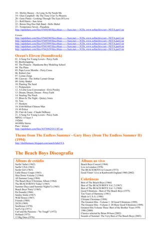 18 - Shirley Bassey - As Long As He Needs Me
19 - Glen Campbell - By The Time I Get To Phoenix
20 - Gene Pitney - Looking Through The Eyes Of Love
21 - Rolf Harris - Sun Arise
22 - Bonzo Dog Doo Dah Band - Hello Mabel
23 - Temperance Seven - Pasadena
http://rapidshare.com/files/47644340/Hea.rtbeat-------Sum.mer----3CDs..www.softarchive.net---NETA.part1.rar

Covers
http://rapidshare.com/files/47644340/Hea.rtbeat-------Sum.mer----3CDs..www.softarchive.net---NETA.part1.rar
http://rapidshare.com/files/47649769/Hea.rtbeat-------Sum.mer----3CDs..www.softarchive.net---NETA.part2.rar
http://rapidshare.com/files/47655999/Hea.rtbeat-------Sum.mer----3CDs..www.softarchive.net---NETA.part3.rar
http://rapidshare.com/files/47661445/Hea.rtbeat-------Sum.mer----3CDs..www.softarchive.net---NETA.part4.rar
http://rapidshare.com/files/47662639/Hea.rtbeat-------Sum.mer----3CDs..www.softarchive.net---NETA.part5.rar

Ocean's Eleven (Soundtrack)
01. A Song For Young Lovers - Percy Faith
02. Boobytrapping
03. The Projects - Handsome Boy Modeling School
04. The Plans
05. Papa Loves Mombo - Perry Como
06. Ruben's Inn
07. Lyman Zerga
08. Caravan - The Arthur Lyman Group
09. Gritty Shaker
10. Planting The Seed
11. Pickpockets
12. A Little Less Conversation - Elvis Presley
13. Dream, Dream, Dream - Percy Faith
14. Stealing The Pinch
15. Blues In The Night - Quincy Jones
16. Tess
17. Hookers
18. $160 Million Chinese Man
19. 69 Police
20. Clair de Lune - Claude DeBussy
21. A Song For Young Lovers - Percy Faith
MPEG 1.0 layer 3
192kbit
44100Hz Stereo
Pass = klotser
http://rapidshare.com/files/36376962/O11-ST.rar

Theme from The Endless Summer - Gary Hoey (from The Endless Summer II)
(1994)
http://ifeelthemusic.blogspot.com/search/label/VA



The Beach Boys Discografia
Álbuns de estúdio                                               Álbuns ao vivo
Surfin' Safari (1962)                                           Beach Boys Concert (1964)
Surfin' USA (1963)                                              Live in London (1970)
Surfer Girl (1963)                                              The BEACH BOYS in Concert (1973)
Little Deuce Coupe (1963)                                       Good Timin': Live at Knebworth England 1980 (2002)
Shut Down Volume 2 (1964)
All Summer Long (1964)
The Beach Boys' Christmas Album (1964)
                                                                Coletâneas
                                                                Best of The Beach Boys (1966)
The BEACH BOYS Today! (1965)
                                                                Best of The BEACH BOYS Vol. 2 (1967)
Summer Days (and Summer Nights!!) (1965)
                                                                Best of The BEACH BOYS Vol. 3 (1968)
Beach Boys' Party! (1965)
                                                                Good Vibrations - Best of The Beach Boys (1975)
Pet Sounds (1966)
                                                                Ten Years of Harmony (1981)
Smiley Smile (1967)
                                                                Made in U.S.A. (1986)
Wild Honey (1967)
                                                                Ultimate Christmas (1998)
Friends (1968)
                                                                The Greatest Hits - Volume 1: 20 Good Vibrations (1999)
20/20 (1969)
                                                                The Greatest Hits - Volume 2: 20 More Good Vibrations (1999)
Sunflower (1970)
                                                                Greatest Hits Volume Three: Best of the Brother Years 1970-
Surf's Up (1971)
                                                                1986 (2000)
Carl and the Passions - "So Tough" (1972)
                                                                Classics selected by Brian Wilson (2002)
Holland (1973)
                                                                Sounds of Summer: The Very Best of The Beach Boys (2003)
15 Big Ones (1976)
 