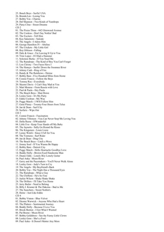 25. Beach Boys - Surfin' USA
26. Brenda Lee - Losing You
27. Bobby Vee - Charms
28. Del Shannon - Two Kinds of Teardrops
29. Patsy Cline - Sweet Dreams
CD 2
01. The Pixies Three - 442 Glenwood Avenue
02. The Cookies - Don't Say Nothin' Bad
03. The Exciters - Tell Him
04. Kuy Sakamoto - Sukiaki
05. The Angels - I Adore Him
06. George Hamilton IV - Abeline
07. The Crickets - My Little Girl
08. Roy Orbison - Falling
09. Dale & Grace - I'm Leaving It Up to You
10. Trini Lopez - If I Had a Hammer
11. Solomon Burke - If You Need Me
12. The Raindrops - The Kind of Boy You Can't Forget
13. Lou Christy - Two Faces Have I
14. The Honeys - Surfin' Down the Swannee River
15. Johnny Cash - Ring of Fire
16. Randy & The Rainbows - Denise
17. Bobby Bare - Five Hundred Miles from Home
18. Connie Francis - Follow the Boys
19. Tommy Roe - Everybody
20. Skeeter Davis - I Can't Stay Mad at You
21. Matt Monroe - From Russia with Love
22. Paul & Paula - Hey Paula
23. The Beach Boys - Shut Down
24. Lesley Gore - It's My Party
25. Eddie Cochran - My Way
26. Peggy March - I Will Follow Him
27. Gene Pitney - Twenty-Four Hours from Tulsa
28. Jan & Dean - Surf City
29. Surfaris - Wipe Out
CD 3
01. Connie Francis - Fascination
02. Johnny Tillotson - You Can Never Stop Me Loving You
03. Della Reese - S'Wonderful
04. Little Eva - Keep Your Hands off My Baby
05. The Jaynetts - Sally Go Round the Roses
06. The Kingsmen - Louie Louie
07. Lenny Welch - Since I Fell for You
08. The Ventures - Surf Rider
09. Jan & Dean - Drag City
10. The Beach Boys - Catch a Wave
11. Jimmy Soul - If You Wanna Be Happy
12. Bobby Bare - Detroit City
13. Peggy March - Hello Heartache Goodbye Love
14. Buddy Holly - Brown-Eyed Handsome Man
15. Duane Eddy - Lonely Boy Lonely Guitar
16. Paul Anka - Moon River
17. Gerry and the Pacemakers - You'll Never Walk Alone
18. Lesley Gore - Judy's Turn to Cry
19. The Angels - My Boyfriend's Back
20. Bobby Vee - The Night Has a Thousand Eyes
21. The Raindrops - What a Guy
22. The Chiffons - He's So Fine
23. Jackie Wilson - Shake Shake Shake
24. The Drifters - I'll Take You Home
25. Jerry Butler - Need to Belong
26. Billy J. Kramer & The Dakotas - Bad to Me
27. The Searchers - Sweet Nothin's
28. Heinz - Just Like Eddie
CD 4
01. Bobby Vinton - Blue Velvet
02. Dionne Warwick - Anyone Who Had a Heart
03. The Platters - Sentimental Journey
04. Buddy Holly - Because I Love You
05. Brook Benton - I Got What I Wanted
06. Pat Boone - Moon River
07. Bobby Goldsboro - See the Funny Little Clown
08. Lesley Gore - She's a Fool
09. Paul Anka - It Doesn't Matter Any More
 
