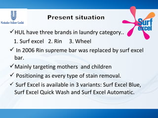 HUL have three brands in laundry category..
1. Surf excel 2. Rin 3. Wheel
 In 2006 Rin supreme bar was replaced by surf excel
bar.
Mainly targeting mothers and children
 Positioning as every type of stain removal.
 Surf Excel is available in 3 variants: Surf Excel Blue,
Surf Excel Quick Wash and Surf Excel Automatic.
 