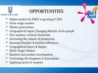 OPPORTUNITIES
 Indian market for FMCG is growing @ 20%
 Niche target market.
 Market penetration
 Geographical export Changing lifestyle of the people
 New markets, vertical, horizontal
 Increasing the volume of production
 Seasonal Weather & Fashion influences
 Geographical Export & Import
 Niche Target Market
 Business and product development
 Technology Development & Innovations
 Applying tactics & surprise
 