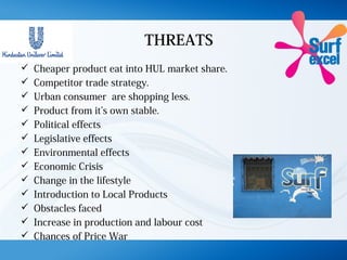 THREATS
 Cheaper product eat into HUL market share.
 Competitor trade strategy.
 Urban consumer are shopping less.
 Product from it’s own stable.
 Political effects
 Legislative effects
 Environmental effects
 Economic Crisis
 Change in the lifestyle
 Introduction to Local Products
 Obstacles faced
 Increase in production and labour cost
 Chances of Price War
 