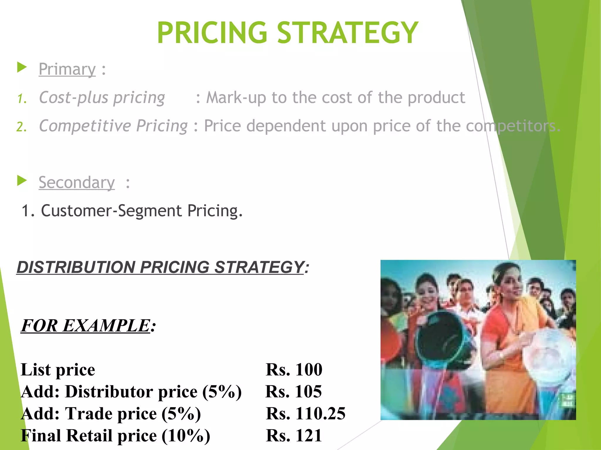 PRICING STRATEGY
 Primary :
1. Cost-plus pricing : Mark-up to the cost of the product
2. Competitive Pricing : Price dependent upon price of the competitors.
 Secondary :
1. Customer-Segment Pricing.
DISTRIBUTION PRICING STRATEGY:
FOR EXAMPLE:
List price Rs. 100
Add: Distributor price (5%) Rs. 105
Add: Trade price (5%) Rs. 110.25
Final Retail price (10%) Rs. 121
 