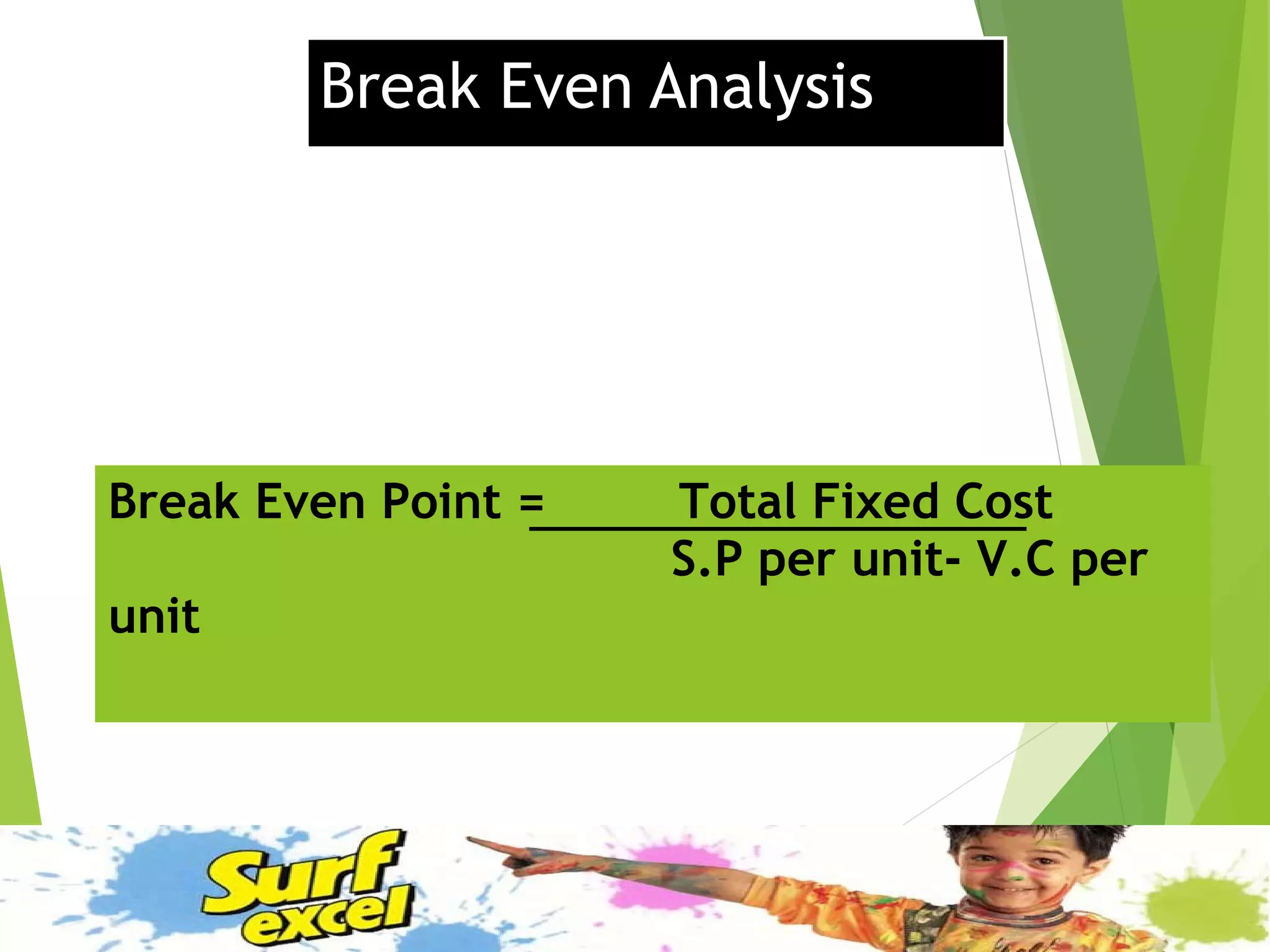 Break Even Analysis
Break Even Point = Total Fixed Cost
S.P per unit- V.C per
unit
 