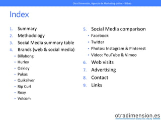 Index	
  
1.  Summary	
  
2.  Methodology	
  
3.  Social	
  Media	
  summary	
  table	
  
4.  Brands	
  (web	
  &	
  social	
  media)	
  
•  Billabong	
  
•  Hurley	
  	
  
•  Oakley	
  
•  Pukas	
  
•  Quiksilver	
  
•  Rip	
  Curl	
  
•  Roxy	
  
•  Volcom	
  
Otra	
  Dimensión,	
  Agencia	
  de	
  MarkeGng	
  online	
  -­‐	
  Bilbao	
  
5.  Social	
  Media	
  comparison	
  
•  Facebook	
  
•  TwiXer	
  
•  Photos:	
  Instagram	
  &	
  Pinterest	
  
•  Video:	
  YouTube	
  &	
  Vimeo	
  
6.  Web	
  visits	
  
7.  AdverGsing	
  
8.  Contact	
  
9.  Links	
  
 