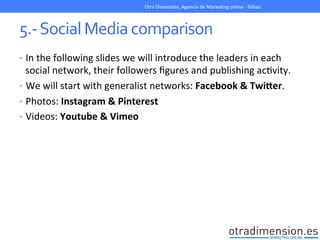 5.-­‐	
  Social	
  Media	
  comparison	
  
•  In	
  the	
  following	
  slides	
  we	
  will	
  introduce	
  the	
  leaders	
  in	
  each	
  
social	
  network,	
  their	
  followers	
  ﬁgures	
  and	
  publishing	
  acGvity.	
  	
  
•  We	
  will	
  start	
  with	
  generalist	
  networks:	
  Facebook	
  &	
  TwiWer.	
  
•  Photos:	
  Instagram	
  &	
  Pinterest	
  
•  Videos:	
  Youtube	
  &	
  Vimeo	
  
Otra	
  Dimensión,	
  Agencia	
  de	
  MarkeGng	
  online	
  -­‐	
  Bilbao	
  
 