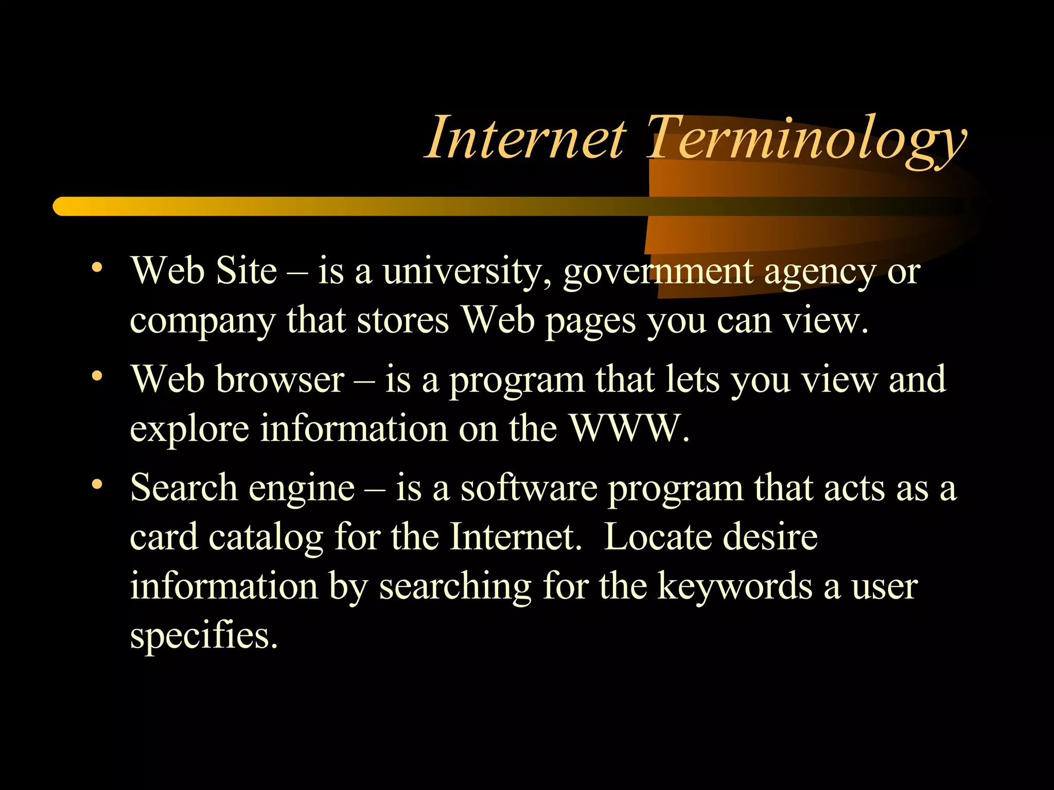 Internet Terminology Web Site – is a university, government agency or company that stores Web pages you can view. Web browser – is a program that lets you view and explore information on the WWW. Search engine – is a software program that acts as a card catalog for the Internet.  Locate desire information by searching for the keywords a user specifies. 