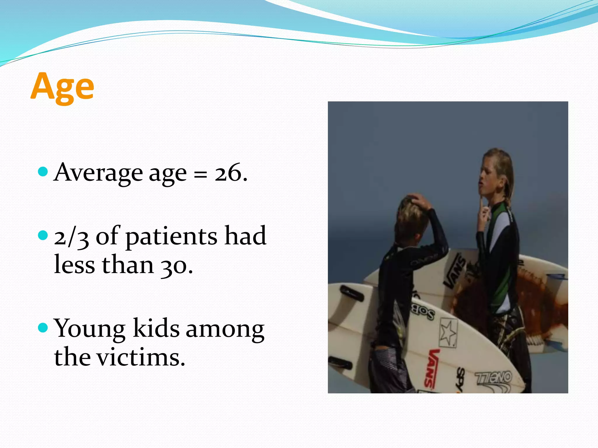 Age
 Average age = 26.
 2/3 of patients had
less than 30.
 Young kids among
the victims.
 
