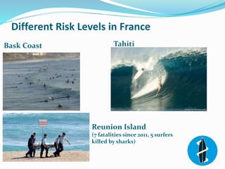 Different Risk Levels in France
Bask Coast Tahiti
Reunion Island
(7 fatalities since 2011, 5 surfers
killed by sharks)
 