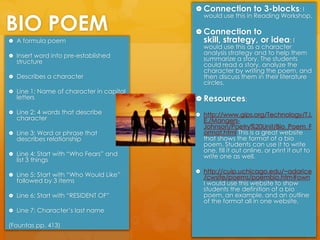 BIO POEMConnection to 3-blocks: I would use this in Reading Workshop.Connection to skill, strategy, or idea: I would use this as a character analysis strategy and to help them summarize a story. The students could read a story, analyze the character by writing the poem, and then discuss them in their literature circles.  Resources:  http://www.gips.org/Technology/T.I.E./Mangers-Johnson/Poetry%20Unit/Bio_Poem_Format.html This is a great website that shows the format of a bio poem. Students can use it to write one, fill it out online, or print it out to write one as well. http://cuip.uchicago.edu/~adarice/cwsite/poems/poembio.htm#own I would use this website to show students the definition of a bio poem, an example, and an outline of the format all in one website. A formula poemInsert word into pre-established structureDescribes a characterLine 1: Name of character in capital lettersLine 2: 4 words that describe characterLine 3: Word or phrase that describes relationshipLine 4: Start with “Who Fears” and list 3 thingsLine 5: Start with “Who Would Like” followed by 3 itemsLine 6: Start with “RESIDENT OF”Line 7: Character’s last name(Fountas pp. 413)