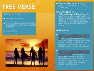 FREE VERSEConnection to 3-blocks: I would use this poem in Writing Workshop.Connection to skill, strategy, or idea: I would use this in writing workshop for students to pick a topic and write about it. It would give them a chance to write to express and show me they can write with voice.Resources: http://www.gigglepoetry.com/poetryclass/limerickcontesthelp.html This is a great resource for children to use if they want to see an example of a limerick or if they want to see the format. It’s all kid friendly poems with humor. http://www.learner.org/teacherslab/math/patterns/limerick/limerick_acttxt.html This website is great because a limerick is already made, but it allows students to put new phrases and words in to alter the already made limerick poem. Does not rhymeNo regular rhythmPoet creates rules of how poem should look, sound, and express meaning(Fountas2001)