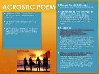 ACROSTIC POEMConnections to 3-blocks: I would use this in Reading Workshop.Connection to skill, strategy, or idea: I would use it to teach summarizing. Student can get a main idea from the book being read and write an acrostic poem to summarize the main idea of the book. Resources: http://www.readwritethink.org/classroom-resources/student-interactives/acrostic-poems-30045.html                                            This website is an interactive activity that students can do online. The website helps guide them in making their own acrostic poem using the word acrostic. It shows them the process and helps them understand what type of poem it is.http://www.netrover.com/~kingskid/poetry/acrostic_poem.htm This website helps students create an acrostic poem using their name. It guides them through creating adjectives that describes them and then creates the acrostic poem for them after they come up with the words for it. Spell out a word that relates to what you want to write a poem aboutSpell the word vertically down a pageWrite a word, phrase, or sentence that relates to the word spelled. Start each line with a letter of the spelled word