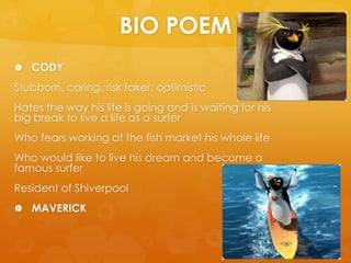 BIO POEMCODYStubborn, caring, risk taker, optimisticHates the way his life is going and is waiting for his big break to live a life as a surferWho fears working at the fish market his whole lifeWho would like to live his dream and become a famous surferResident of ShiverpoolMAVERICK 