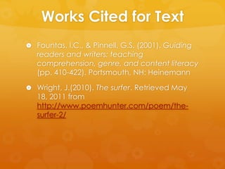 Works Cited for TextFountas, I.C., & Pinnell, G.S. (2001). Guiding readers and writers: teaching comprehension, genre, and content literacy (pp. 410-422). Portsmouth, NH: HeinemannWright, J.(2010). The surfer. Retrieved May 18, 2011 from http://www.poemhunter.com/poem/the-surfer-2/