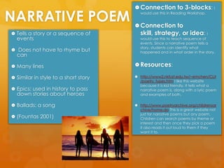 NARRATIVE POEMConnection to 3-blocks: I would use this in Reading Workshop.Connection to skill, strategy, or idea: I would use this to teach sequence of events. Since a narrative poem tells a story, students can identify what happened and in what order in the story.Resources: http://www2.nkfust.edu.tw/~emchen/CLit/poetry_types.htm I like this website because it is kid friendly. It tells what a narrative poem is, along with a lyric poem and examples of both. http://www.poetryarchive.org/childrensarchive/home.do This is a great website not just for narrative poems but any poem. Children can search poems by theme or interest and then once they pick a poem it also reads it out loud to them if they want it to. Tells a story or a sequence of events Does not have to rhyme but canMany linesSimilar in style to a short storyEpics: used in history to pass down stories about heroesBallads: a song(Fountas 2001)