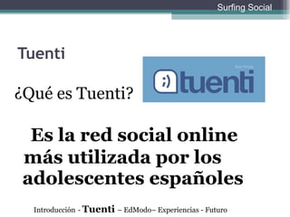 Tuenti ¿Qué es Tuenti?   Es la red social online  más utilizada por los adolescentes españoles Introducción   -  Tuenti  – EdModo– Experiencias - Futuro Surfing Social 