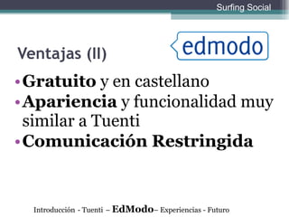 Ventajas (II) Gratuito  y en castellano Apariencia  y funcionalidad muy similar a Tuenti Comunicación Restringida Introducción   - Tuenti   –  EdModo – Experiencias - Futuro Surfing Social 