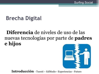 Brecha Digital Diferencia  de niveles de uso de las nuevas tecnologías por parte de  padres e hijos Introducción  - Tuenti – EdModo– Experiencias - Futuro Surfing Social 