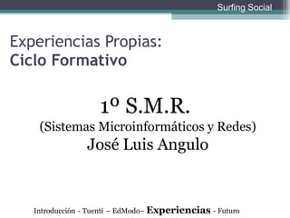 Experiencias Propias:  Ciclo Formativo 1º S.M.R.  (Sistemas Microinformáticos y Redes) José Luis Angulo Introducción   - Tuenti   – EdModo–  Experiencias  - Futuro Surfing Social 