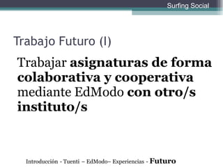 Trabajo Futuro (I) Trabajar  asignaturas de forma colaborativa y cooperativa  mediante EdModo  con otro/s instituto/s Introducción   - Tuenti   – EdModo– Experiencias   -  Futuro Surfing Social 