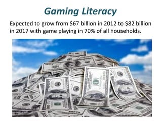 Gaming Literacy
Expected to grow from $67 billion in 2012 to $82 billion
in 2017 with game playing in 70% of all households.

 