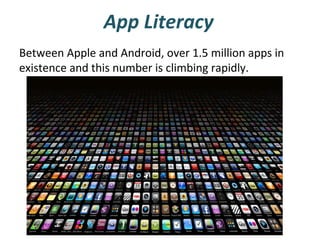 App Literacy
Between Apple and Android, over 1.5 million apps in
existence and this number is climbing rapidly.

 