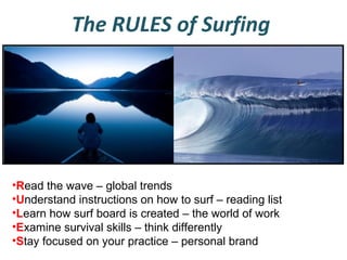 The RULES of Surfing

•Read the wave – global trends
•Understand instructions on how to surf – reading list
•Learn how surf board is created – the world of work
•Examine survival skills – think differently
•Stay focused on your practice – personal brand

 