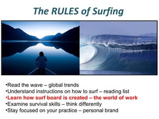 The RULES of Surfing

•Read the wave – global trends
•Understand instructions on how to surf – reading list
•Learn how surf board is created – the world of work
•Examine survival skills – think differently
•Stay focused on your practice – personal brand

 
