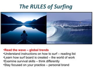The RULES of Surfing

•Read the wave – global trends
•Understand instructions on how to surf – reading list
•Learn how surf board is created – the world of work
•Examine survival skills – think differently
•Stay focused on your practice – personal brand

 