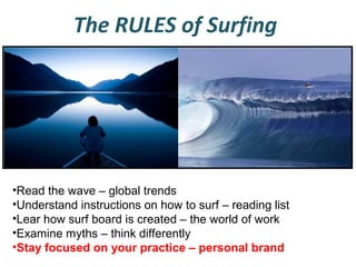 The RULES of Surfing

•Read the wave – global trends
•Understand instructions on how to surf – reading list
•Lear how surf board is created – the world of work
•Examine myths – think differently
•Stay focused on your practice – personal brand

 