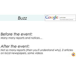 Before the event:
Many many reports and notices…
After the event:
Not so many reports (then you'll understand why), 2 articles
on local newspapers, some videos
Buzz
 
