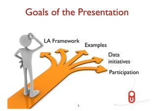 Goals of the Presentation

    LA Framework
                   Examples
                              Data
                              initiatives
                              Participation




               2
 