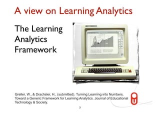 A view on Learning Analytics
The Learning
Analytics
Framework



Greller, W., & Drachsler, H., (submitted). Turning Learning into Numbers.
Toward a Generic Framework for Learning Analytics. Journal of Educational
Technology & Society.
                                         3
 