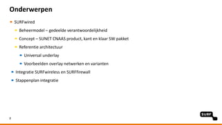 Onderwerpen
SURFwired
Beheermodel – gedeelde verantwoordelijkheid
Concept – SUNET CNAAS product, kant en klaar SW pakket
Referentie architectuur
Universal underlay
Voorbeelden overlay netwerken en varianten
Integratie SURFwireless en SURFfirewall
Stappenplan integratie
2
 
