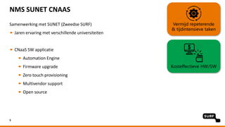 NMS SUNET CNAAS
Samenwerking met SUNET (Zweedse SURF)
Jaren ervaring met verschillende universiteiten
CNaaS SW applicatie
Automation Engine
Firmware upgrade
Zero touch provisioning
Multivendor support
Open source
5
Vermijd repeterende
& tijdintensieve taken
Kosteffectieve HW/SW
$
 