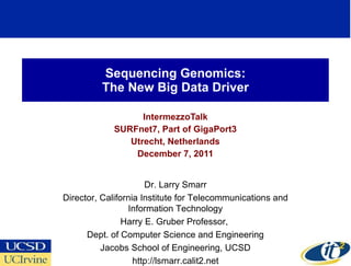 Sequencing Genomics: The New Big Data Driver IntermezzoTalk SURFnet7, Part of GigaPort3 Utrecht, Netherlands December 7, 2011 Dr. Larry Smarr Director, California Institute for Telecommunications and Information Technology Harry E. Gruber Professor,  Dept. of Computer Science and Engineering Jacobs School of Engineering, UCSD http://lsmarr.calit2.net 