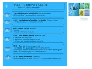 + 2º dia | O CORPO E A MENTE
Domingo – Turno da Manhã
11:15 - Free Surf (Marco e Jorge André)
-Separação dos grupos por níveis de dificuldade
- Condições do mar e características de swell, vento e topografia
-Free Surf com filmagens dos desempenhos
8:15 – Translado para Pinguirito – Avaliação (Marco e Jorge)
- Análise dos desempenhos do dia anterior
13:15 – Almoço orientado (Claudya)
- Como equilibrar as refeições quando se come em restaurantes.
16
10:45 - Aula Técnica de Surf (Marco e Jorge )
-- Surfando em outro Pico
-- A cavada (ondulação e espuma)
-- A Vaca e a recuperação da prancha
7:30 – Alongamento e Meditação (Jorge e Claudia)
- Otimização e importância da respiração
18
17
9:00 - Aula na Piscina. (Briguitte)
- Apneia
- Aula de Isolamento muscular)
15
14
13
 