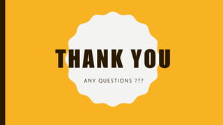 THANK YOU
A N Y Q U E S T I O N S ? ? ?
 