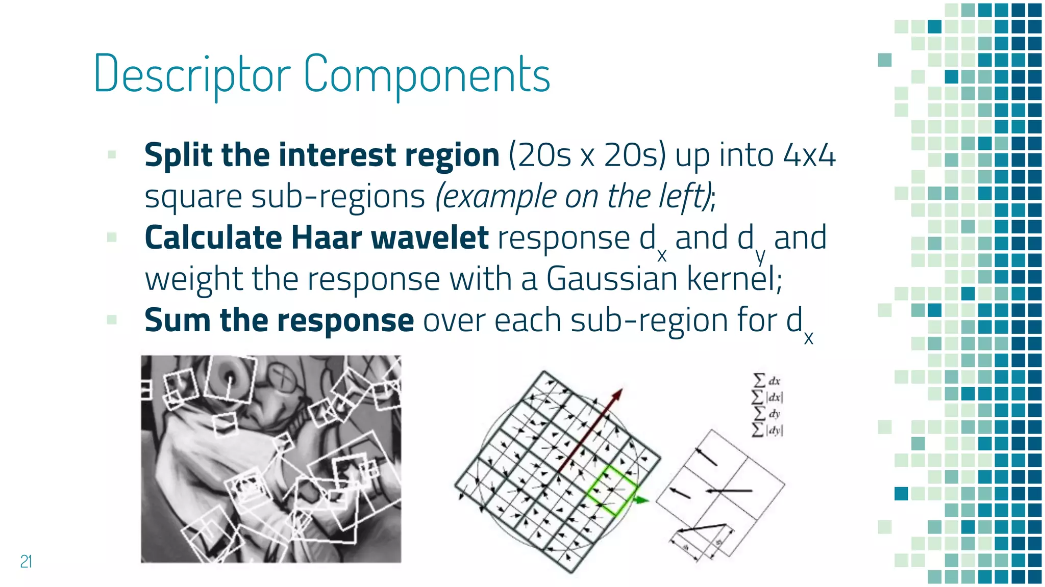 Descriptor Components
▪ Split the interest region (20s x 20s) up into 4x4
square sub-regions (example on the left);
▪ Calculate Haar wavelet response dx
and dy
and
weight the response with a Gaussian kernel;
▪ Sum the response over each sub-region for dx
21
 