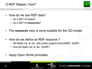 O-RDF Mapper, How?How do we see RDF data?As a SET of triples?As a SET of resources?The resource view is more suitable for the OO modelHow do we define an RDF resource ?All triples <S,P,O>with same subject (ActiveRDF, SuRF)And all triples <O,P,S> (SuRF)Apply Open World principles20