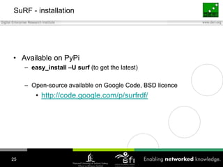 SuRF - installationAvailable on PyPieasy_install –U surf (to get the latest)Open-source available on Google Code, BSD licencehttp://code.google.com/p/surfrdf/25