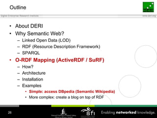 OutlineAbout DERIWhy Semantic Web?Linked Open Data (LOD)RDF (Resource Description Framework)SPARQLO-RDF Mapping (ActiveRDF / SuRF)How?ArchitectureInstallationExamplesSimple: access DBpedia (Semantic Wikipedia)More complex: create a blog on top of RDF26
