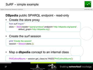 DBpedia public SPARQL endpoint - read-onlyCreate the store proxyfrom surf import*	store = Store(reader='sparql-protocol',endpoint='http://dbpedia.org/sparql',                default_graph='http://dbpedia.org')Create the surf sessionprint'Create the session'session =Session(store,{})Map a dbpedia concept to an internal classPhilCollinsAlbums=session.get_class(ns.YAGO['PhilCollinsAlbums'])SuRF – simple example27
