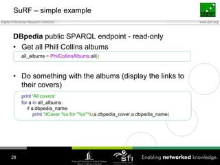 SuRF – simple exampleDBpedia public SPARQL endpoint - read-onlyGet all Phill Collins albumsall_albums=PhilCollinsAlbums.all()Do something with the albums (display the links to their covers)print'All covers'for a inall_albums:    ifa.dbpedia_name:        print'\tCover %s for "%s"'%(a.dbpedia_cover,a.dbpedia_name)28